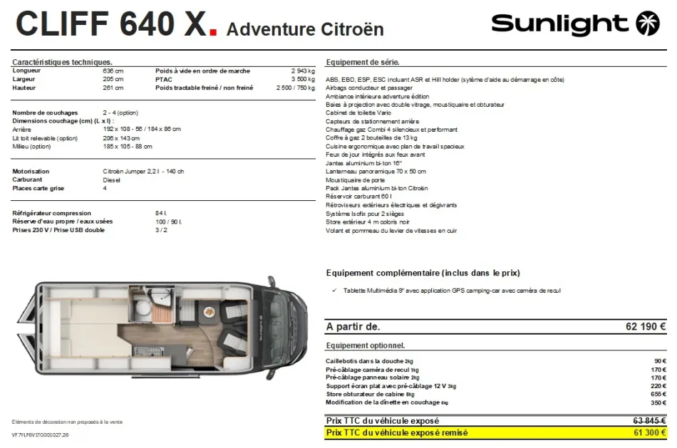 Fourgon aménagé - Sunlight - CAMPER VAN CLIFF 640 X - 2026