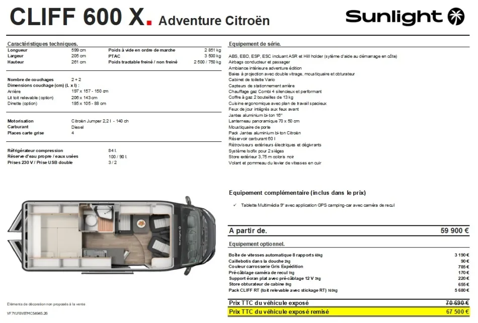 Fourgon aménagé - Sunlight - CAMPER VAN CLIFF 600 X RT - 2026